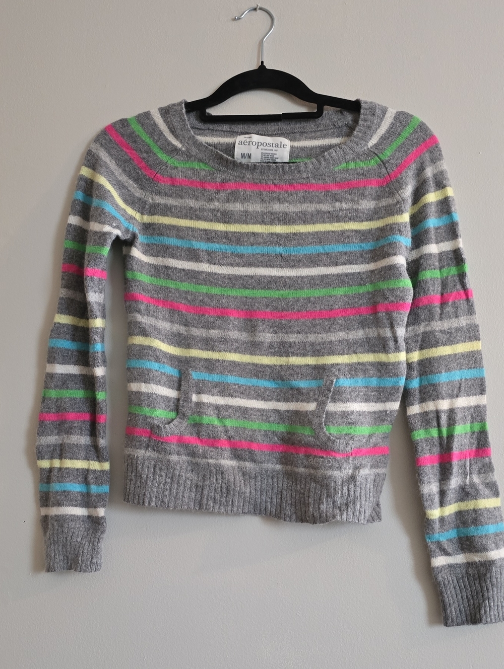 Aeropostale Gray Crewneck Sweater with Pink, Green, Blue, Yellow & White Stripes